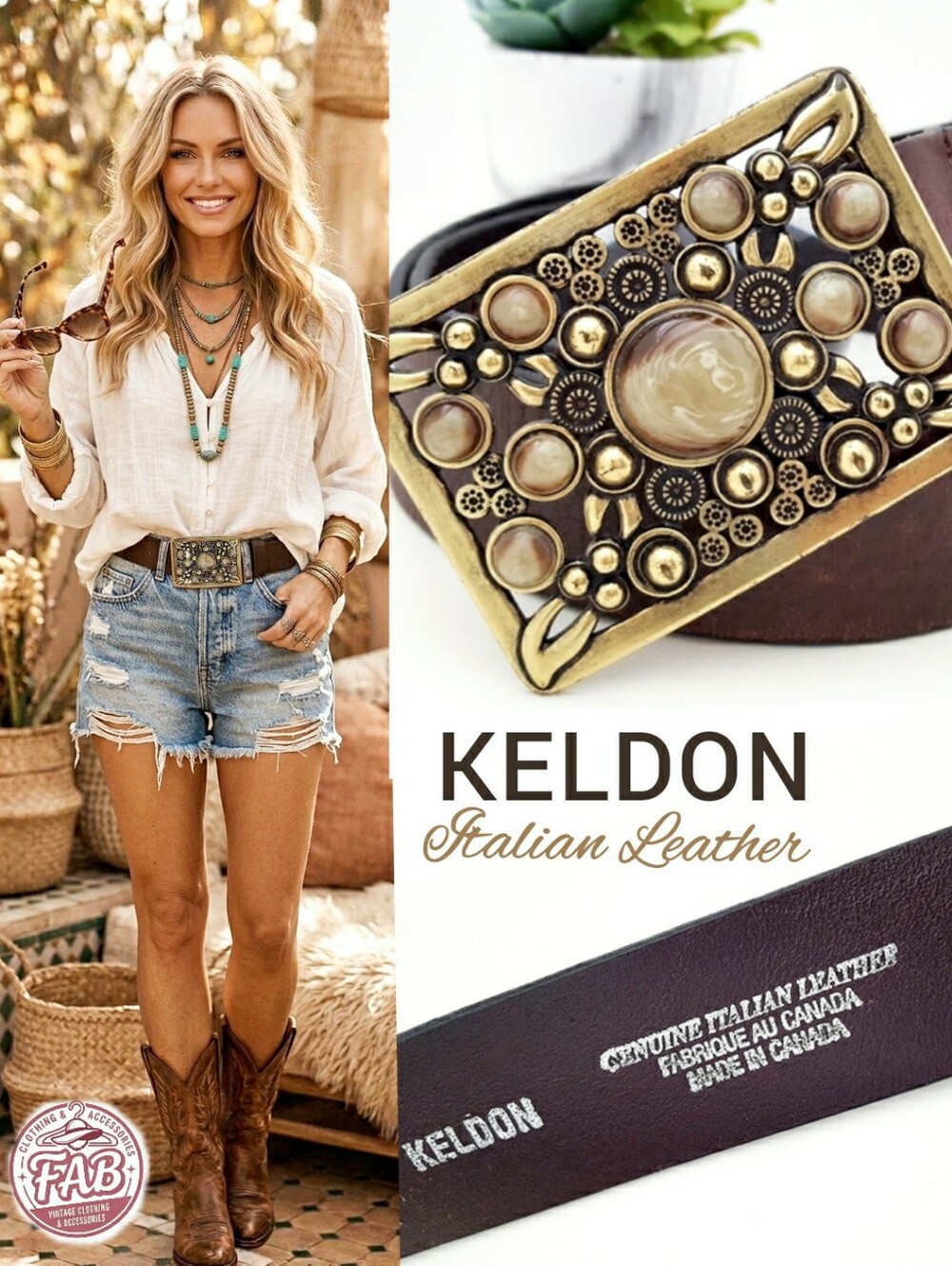 Vintage Keldon🔥Italian Boho Leather Big Brass Buckle Belt